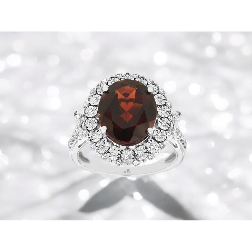 14K White Gold Halo Ring with 5.50 Carat Oval Garnet and 0.25 Carat Round Diamond Accents - Royal Jewelry