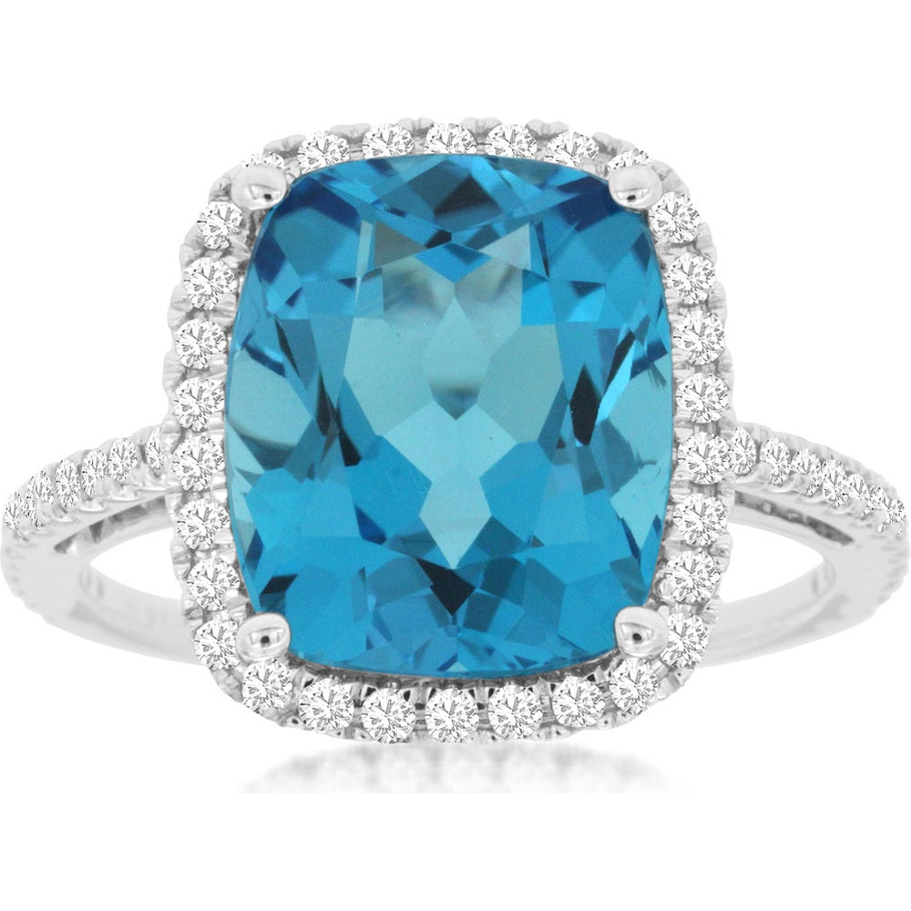 14K White Gold Halo Ring with 6.60 Carat Cushion Cut Blue Topaz and 0.38 Carat Round Diamonds - Royal Jewelry