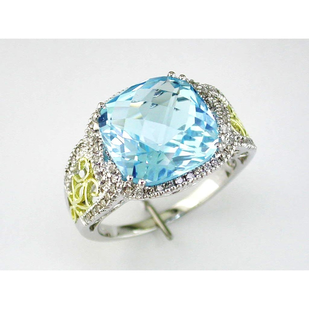 14K White Gold Halo Ring with 8.80 Carat Cushion Cut Blue Topaz and 0.37 Carat Round Diamond Accents - Royal Jewelry