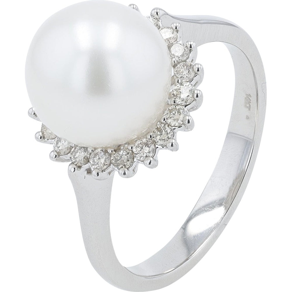 14K White Gold Halo Ring with 9.75mm Cultured Pearl and 0.27 Carat Round Diamond Accents