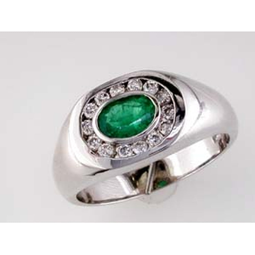 14K White Gold Halo Ring with Bezel Set Oval Emerald and Round Diamonds - 0.85 Carat Emerald and 0.30 Carat Total Diamond Weight - Royal Jewelry