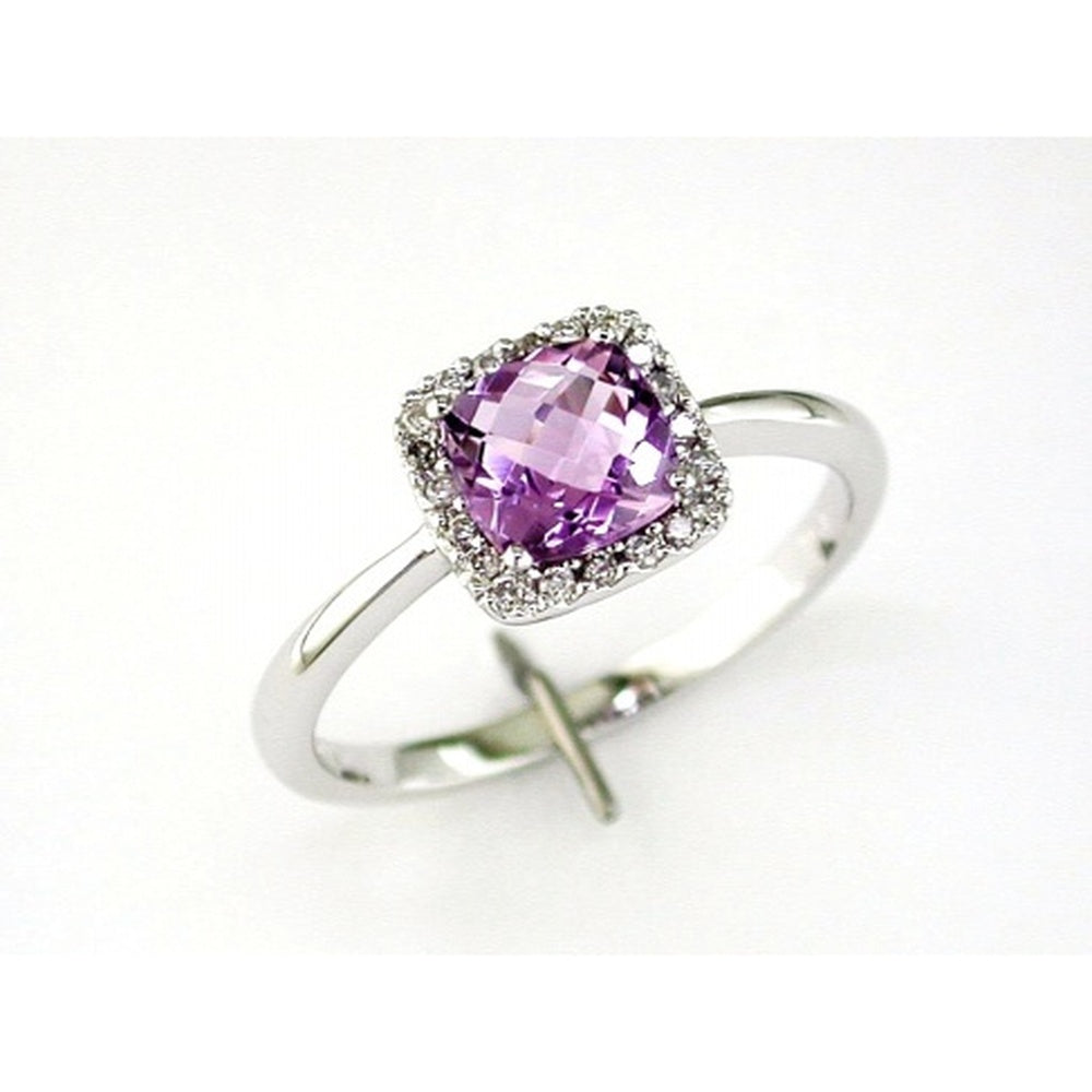 14K White Gold Halo Ring with Cushion-Cut Amethyst and Round Diamond Accents - 0.90 Carat Amethyst and 0.10 Carat Total Diamond Weight - Royal Jewelry