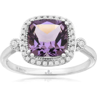 14K White Gold Halo Ring with Cushion Cut Amethyst and Round Diamond Accents - 2.50 Carat Amethyst & 0.18 Carat Total Diamond Weight - Royal Jewelry