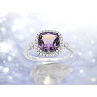 14K White Gold Halo Ring with Cushion Cut Amethyst and Round Diamond Accents - 2.50 Carat Amethyst & 0.18 Carat Total Diamond Weight - Royal Jewelry