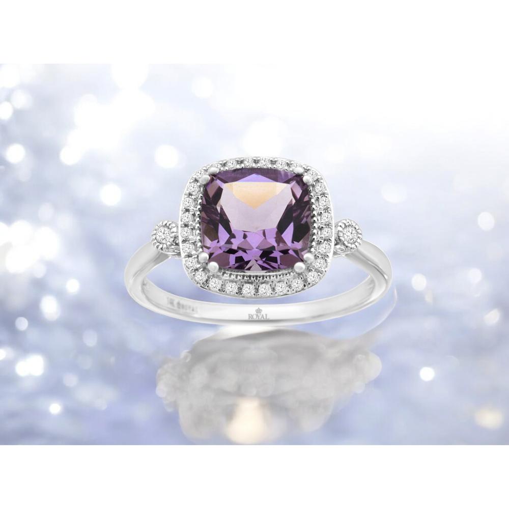 14K White Gold Halo Ring with Cushion Cut Amethyst and Round Diamond Accents - 2.50 Carat Amethyst & 0.18 Carat Total Diamond Weight - Royal Jewelry