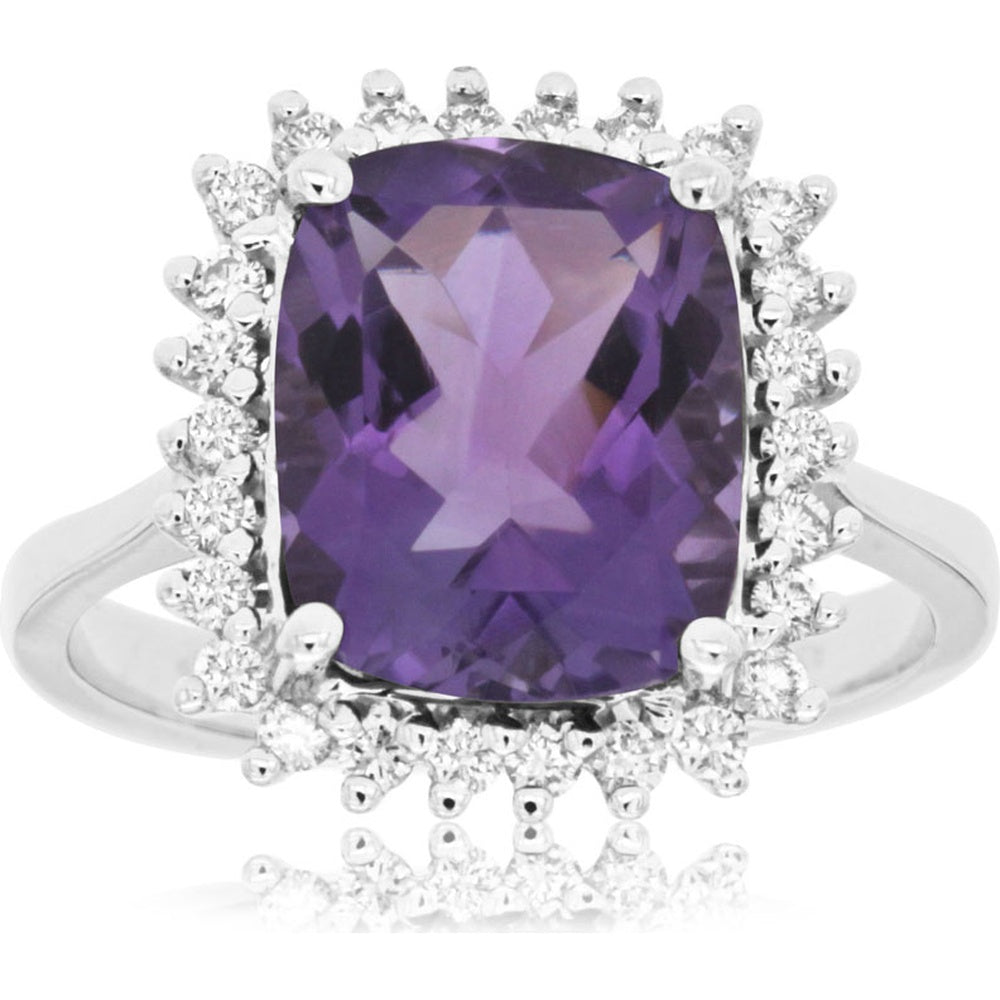 14K White Gold Halo Ring with Cushion Cut Amethyst and Round Diamond Accents - 3.75 Carat Amethyst and 0.40 Carat Total Diamond Weight - Royal Jewelry