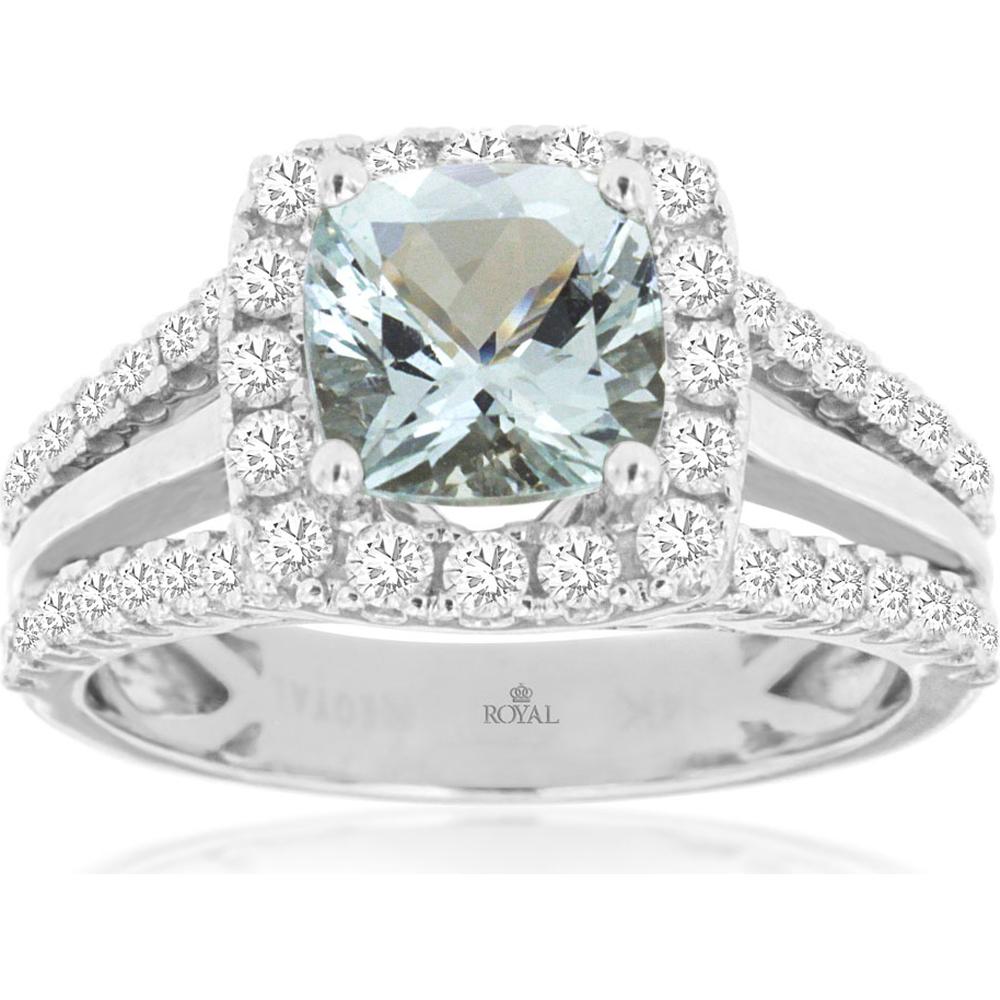 14K White Gold Halo Ring with Cushion Cut Aquamarine and Accent Diamonds - 0.89 Carat Total Diamond Weight & 1.35 Carat Aquamarine - Royal Jewelry