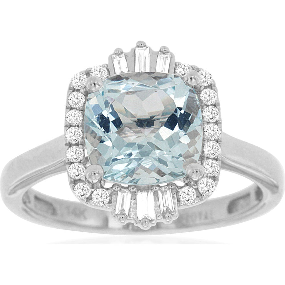 14K White Gold Halo Ring with Cushion-Cut Aquamarine and Baguette & Round Diamond Accents - 1.90 Carat Aquamarine and 0.21 Carat Total Diamond Weight - Royal Jewelry