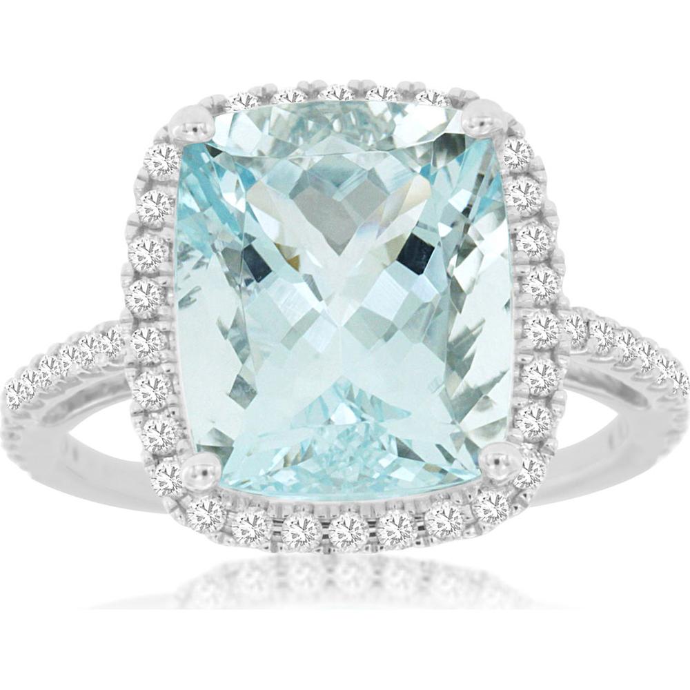 14K White Gold Halo Ring with Cushion Cut Aquamarine and Diamond Accents - 5.30 Carat Aquamarine & 0.38 Carat Total Diamond Weight - Royal Jewelry
