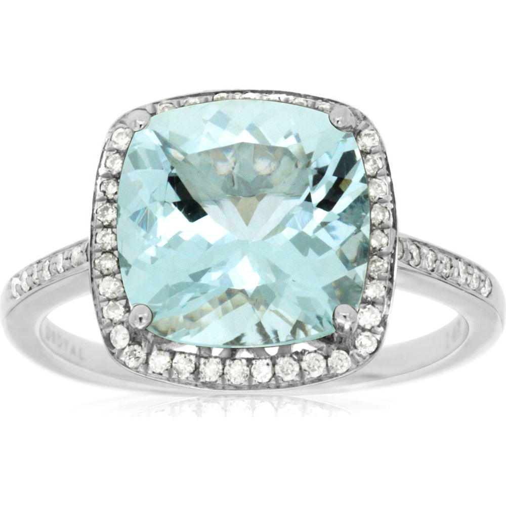 14K White Gold Halo Ring with Cushion-Cut Aquamarine and Pavé-Set Diamond Accents - 3.40 Carat Aquamarine and 0.20 Carat Total Diamond Weight - Royal Jewelry