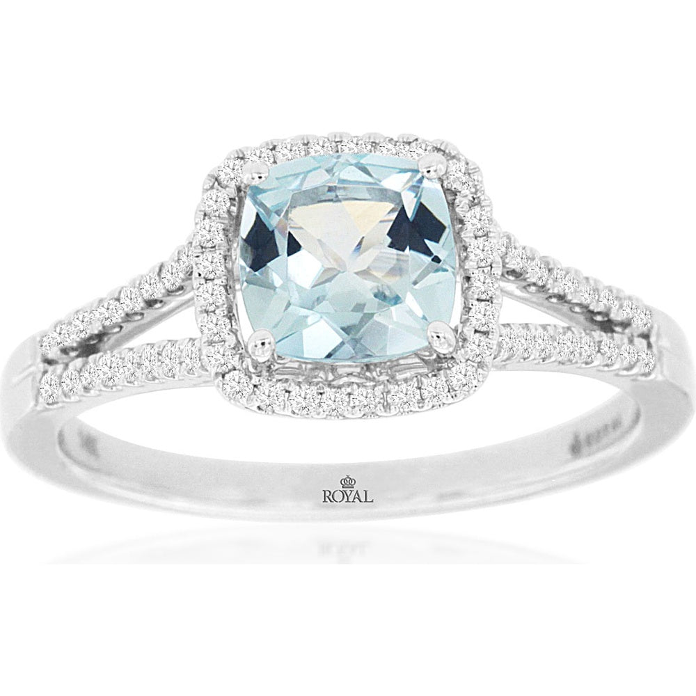 14K White Gold Halo Ring with Cushion-Cut Aquamarine and Round Diamonds - 0.84 Carat Aquamarine and 0.20 Carat Total Diamond Weight - Royal Jewelry
