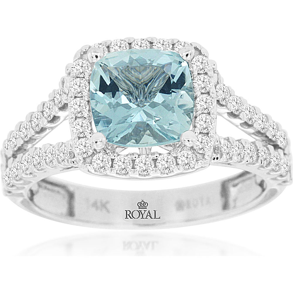 14K White Gold Halo Ring with Cushion Cut Aquamarine and Round Diamonds - 1.35 Carat Aquamarine and 0.74 Carat Total Diamond Weight - Royal Jewelry
