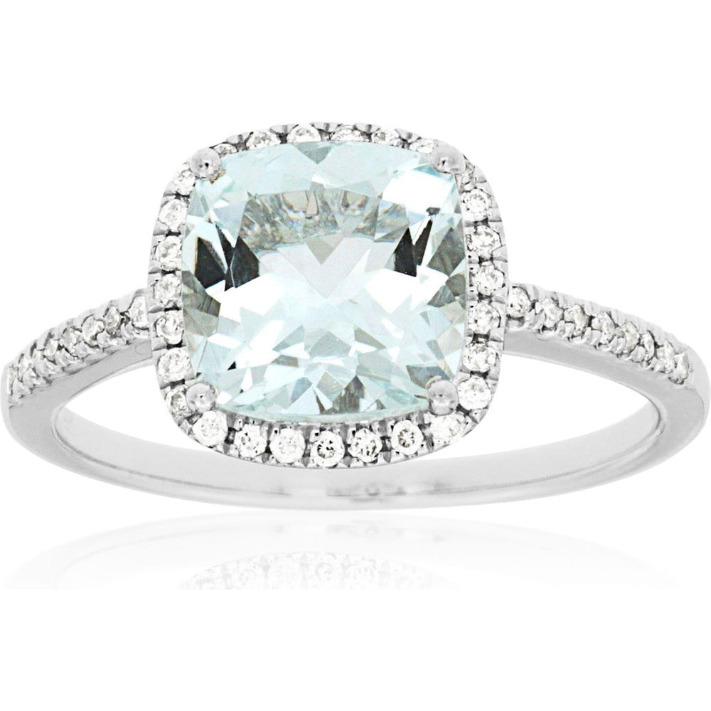 14K White Gold Halo Ring with Cushion-Cut Aquamarine and Round Pave Diamonds - 1.85 Carat Aquamarine and 0.18 Carat Total Diamond Weight - Royal Jewelry