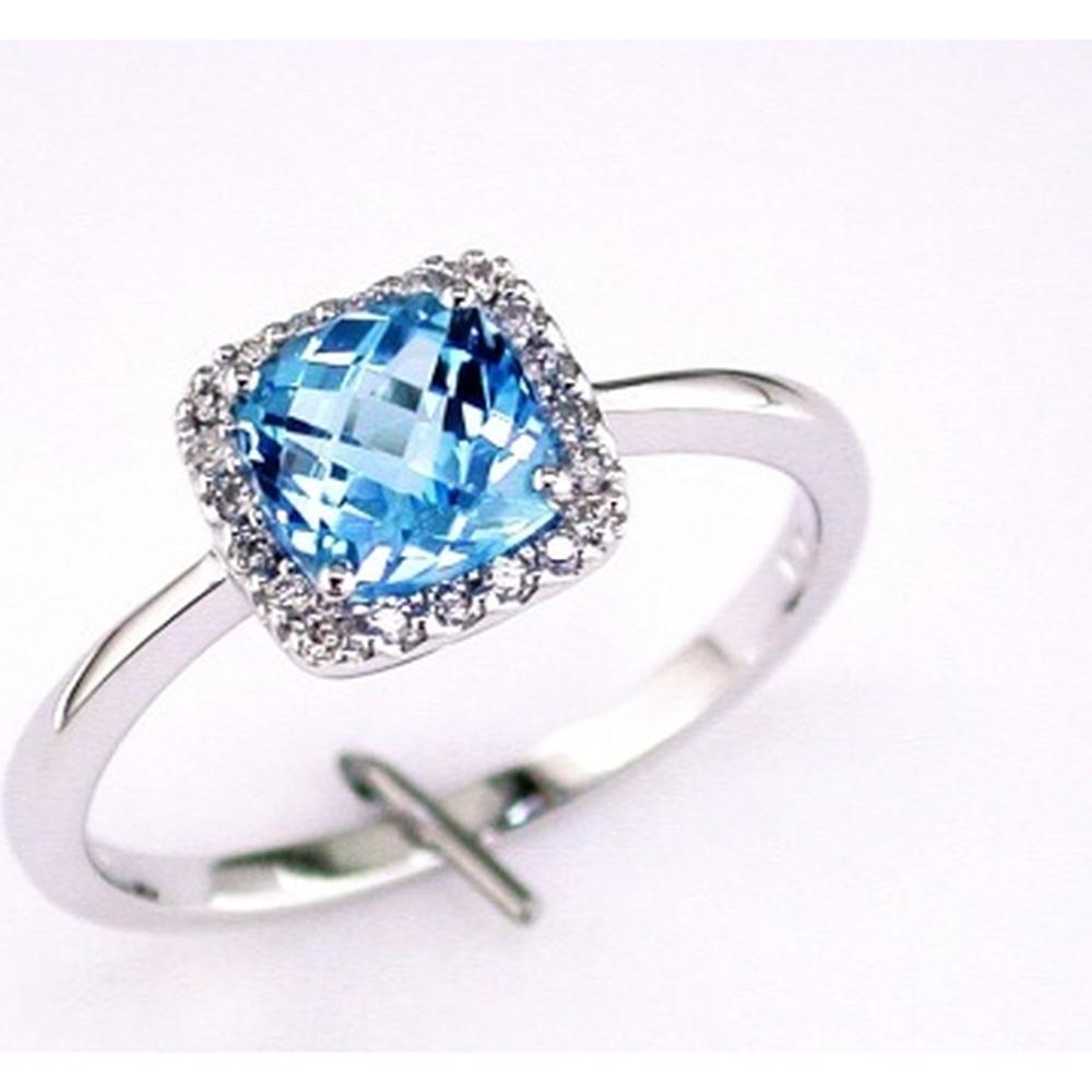 14K White Gold Halo Ring with Cushion Cut Blue Topaz and Round Diamonds - 1.40 Carat Total Gem Weight - Royal Jewelry