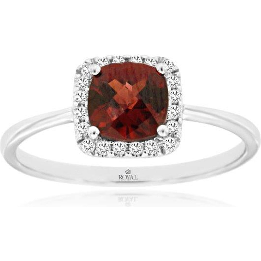 14K White Gold Halo Ring with Cushion-Cut Garnet and Round Diamond Accents - 1.10 Carat Garnet and 0.10 Carat Total Diamond Weight - Royal Jewelry