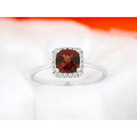 14K White Gold Halo Ring with Cushion-Cut Garnet and Round Diamond Accents - 1.10 Carat Garnet and 0.10 Carat Total Diamond Weight - Royal Jewelry