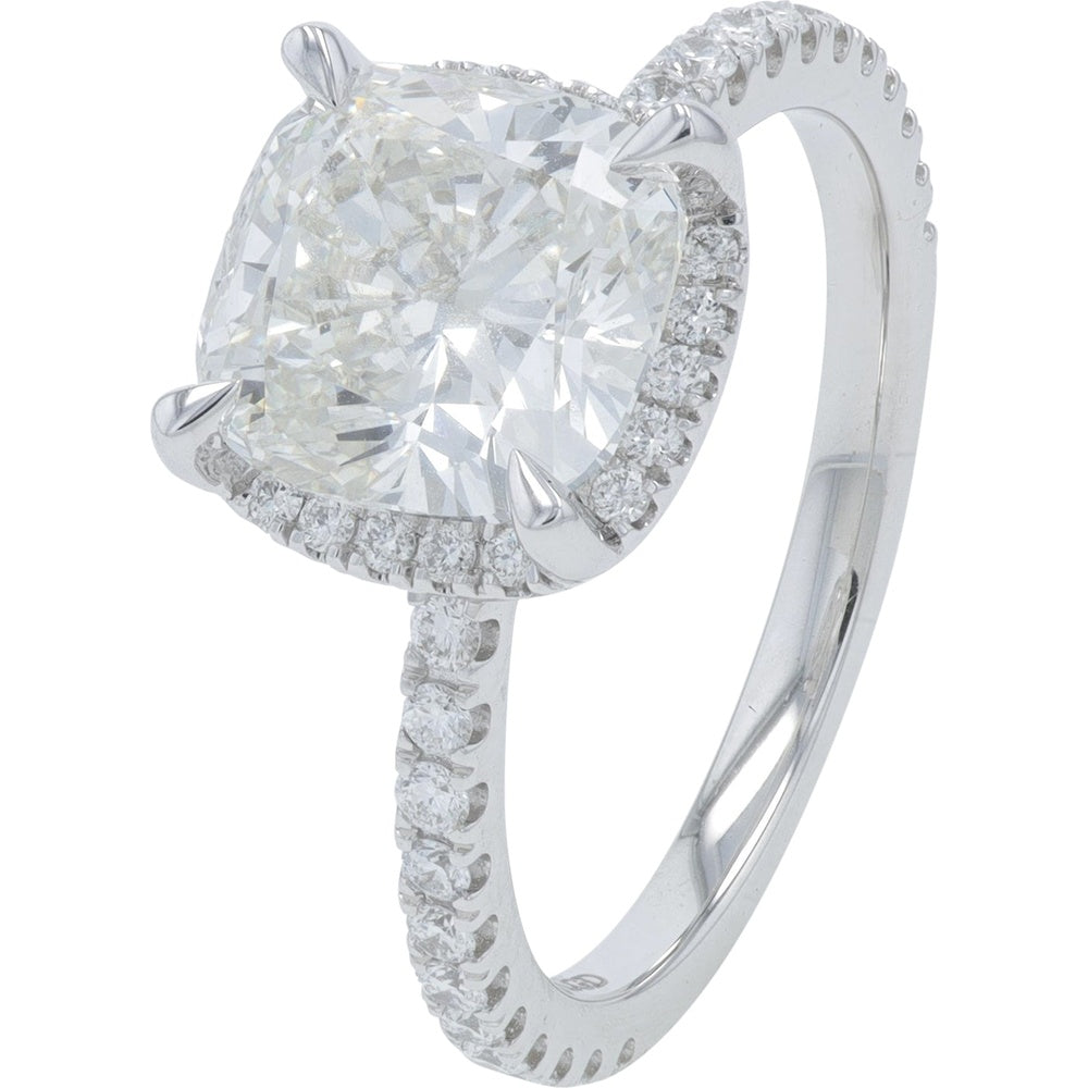 14K White Gold Halo Ring with Cushion Cut Lab Grown Diamond - 3.50 Carat Total Diamond Weight