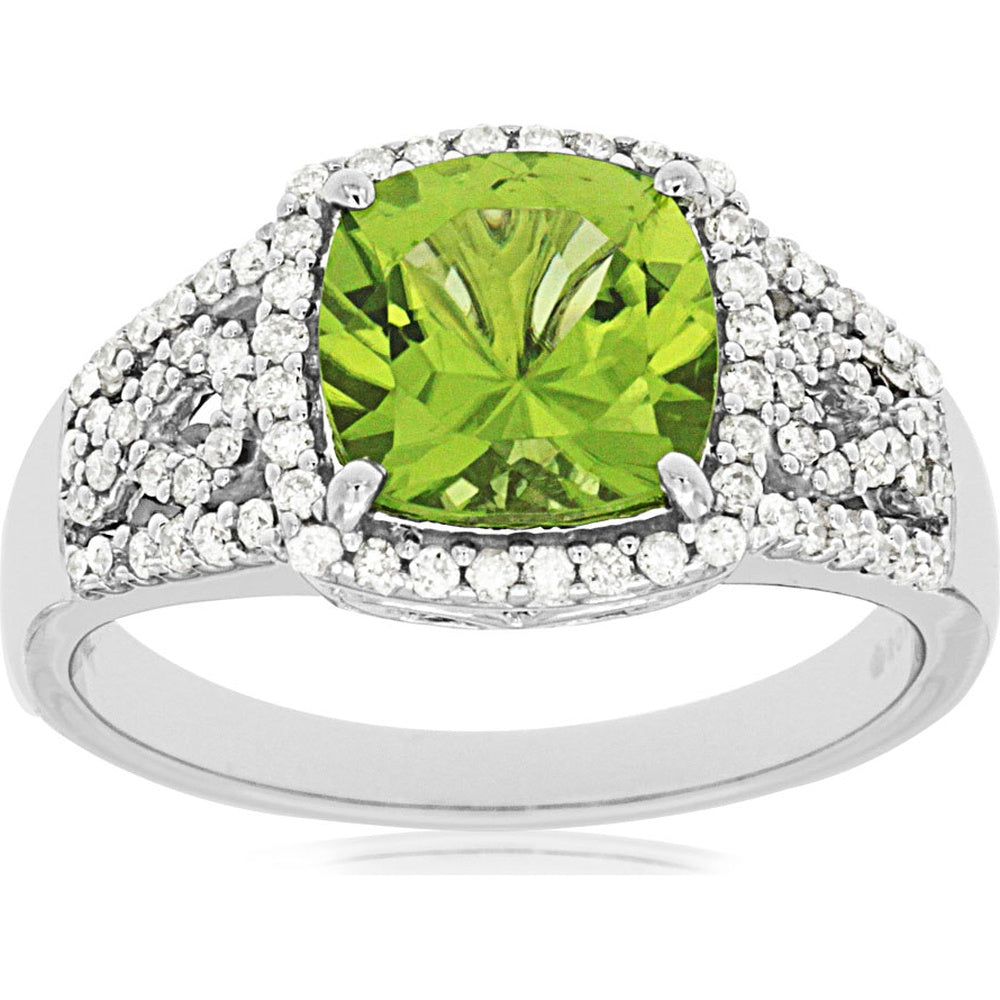 14K White Gold Halo Ring with Cushion Cut Peridot and Round Diamond Accents - 2.10 Carat Peridot and 0.35 Carat Total Diamond Weight - Royal Jewelry