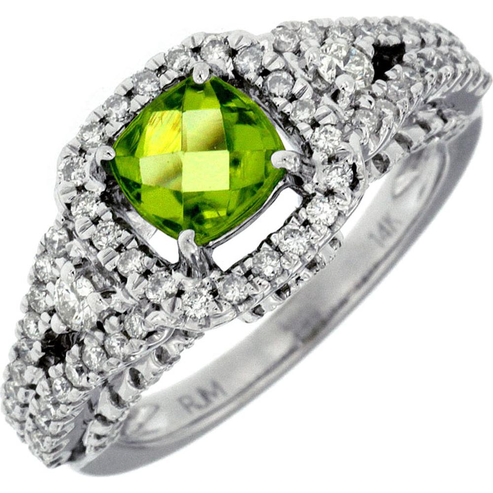 14K White Gold Halo Ring with Cushion Cut Peridot and Round Diamonds - 1.10 Carat Peridot and 0.80 Carat Total Diamond Weight - Royal Jewelry