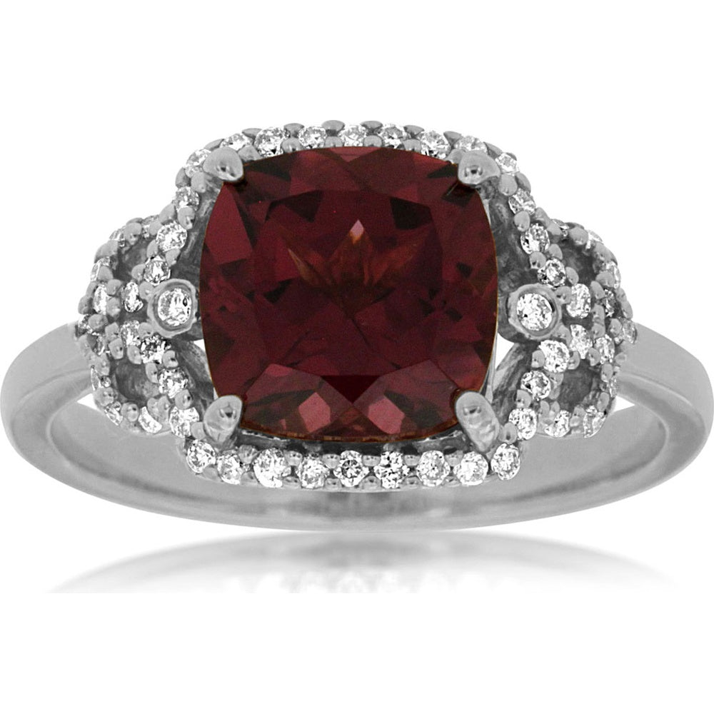 14K White Gold Halo Ring with Cushion-Cut Rhodolite and Round Diamond Accents - 2.55 Carat Rhodolite and 0.20 Carat Total Diamond Weight - Royal Jewelry