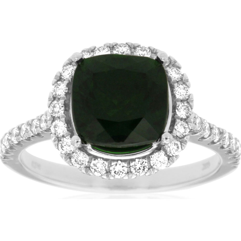 14K White Gold Halo Ring with Cushion-Cut Russalite and Micro-Prong Set Round Diamonds - 2.15 Carat Russalite and 0.60 Carat Total Diamond Weight - Royal Jewelry