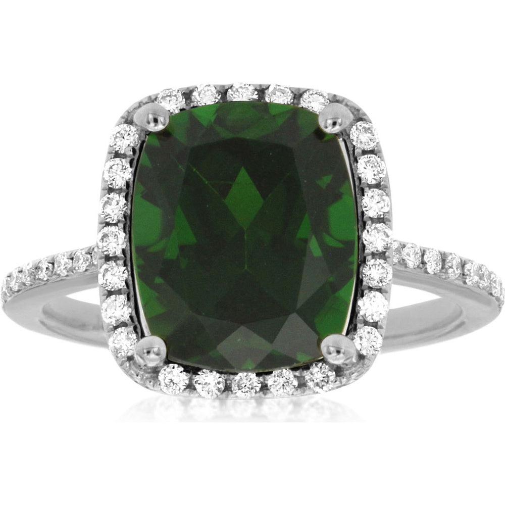 14K White Gold Halo Ring with Cushion Cut Russalite and Pavé Set Round Diamonds - 4.40 Carat Russalite and 0.30 Carat Total Diamond Weight - Royal Jewelry