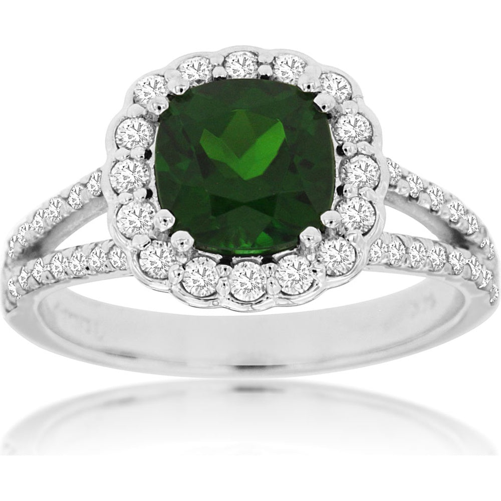 14K White Gold Halo Ring with Cushion Cut Russalite and Round Brilliant Diamonds - 1.40 Carat Russalite and 0.75 Carat Total Diamond Weight - Royal Jewelry