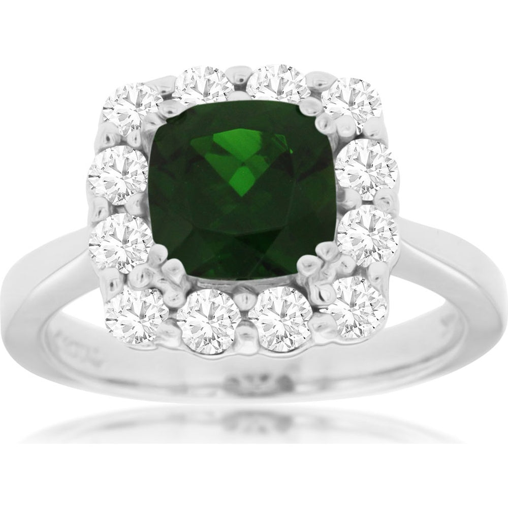 14K White Gold Halo Ring with Cushion-Cut Russalite and Round Diamonds - 1.40 Carat Russalite and 0.72 Carat Total Diamond Weight - Royal Jewelry