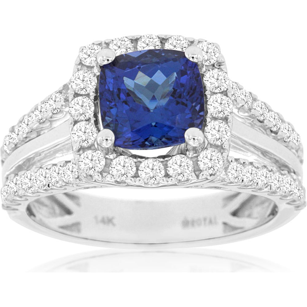14K White Gold Halo Ring with Cushion-Cut Tanzanite and Round Diamonds - 1.60 Carat Tanzanite and 0.89 Carat Total Diamond Weight - Royal Jewelry