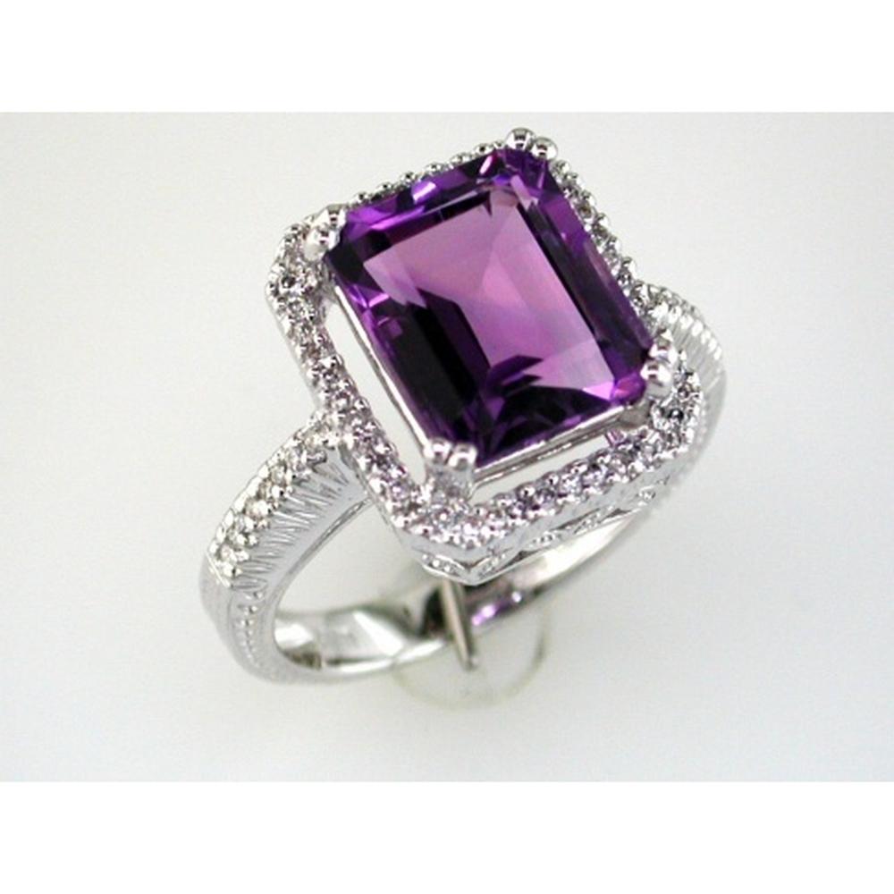 14K White Gold Halo Ring with Emerald Cut Amethyst and Round Diamonds - 4.20 Carat Amethyst and 0.25 Carat Diamond Weight - Royal Jewelry