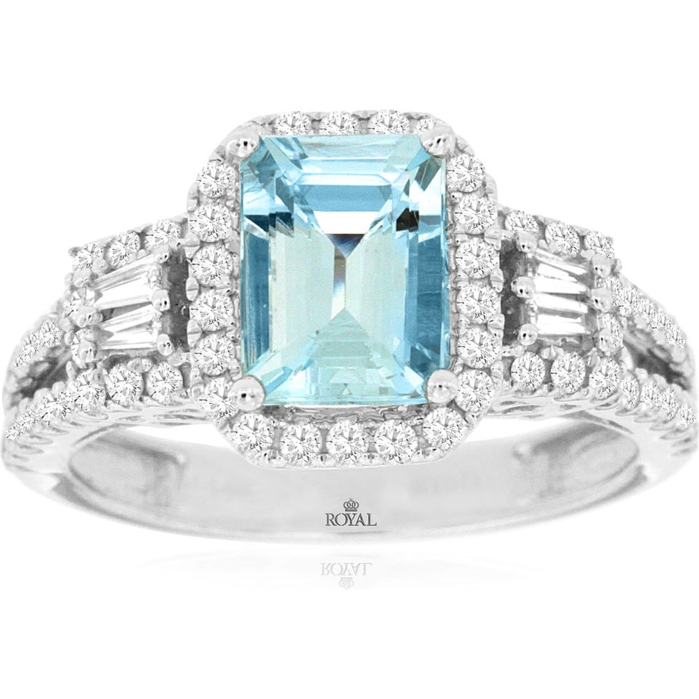 14K White Gold Halo Ring with Emerald-Cut Aquamarine and Round & Baguette Diamonds - 1.40 Carat Aquamarine and 0.58 Carat Total Diamond Weight - Royal Jewelry