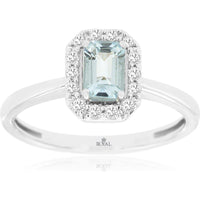 14K White Gold Halo Ring with Emerald-Cut Aquamarine and Round Diamonds - 0.45 Carat Aquamarine and 0.15 Carat Diamond Total Weight - Royal Jewelry