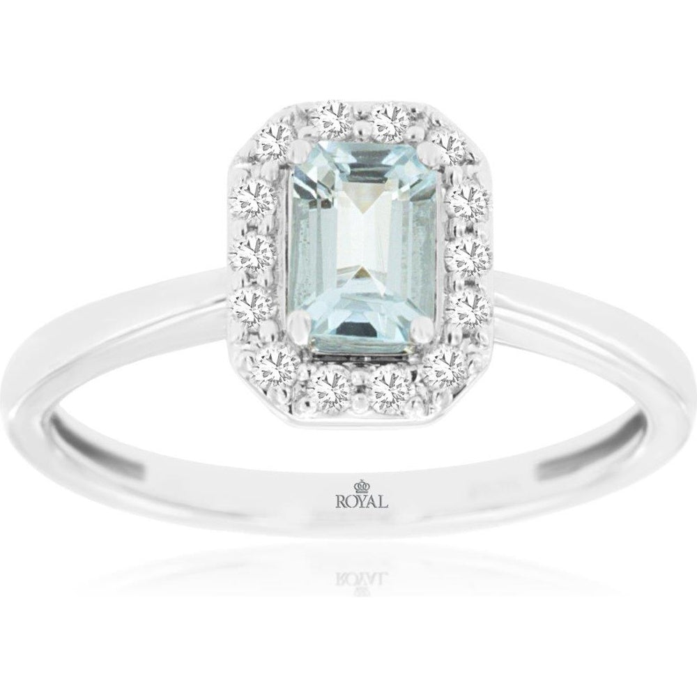 14K White Gold Halo Ring with Emerald-Cut Aquamarine and Round Diamonds - 0.45 Carat Aquamarine and 0.15 Carat Diamond Total Weight - Royal Jewelry