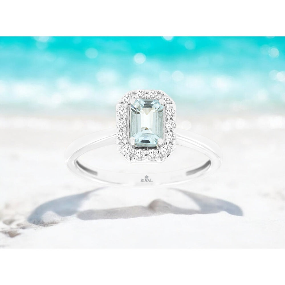 14K White Gold Halo Ring with Emerald-Cut Aquamarine and Round Diamonds - 0.45 Carat Aquamarine and 0.15 Carat Diamond Total Weight - Royal Jewelry