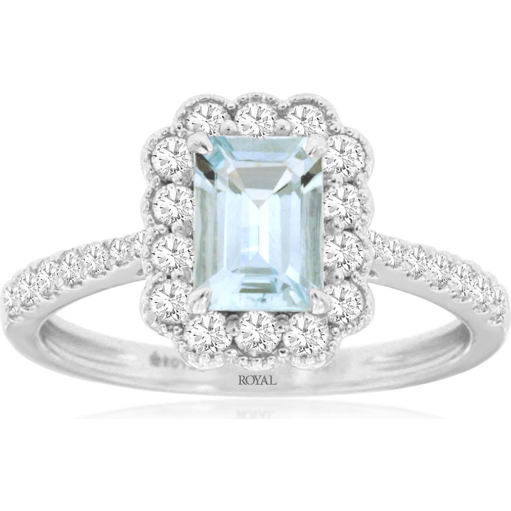 14K White Gold Halo Ring with Emerald Cut Aquamarine and Round Diamonds - 0.85 Carat Aquamarine & 0.48 Carat Total Diamond Weight - Royal Jewelry