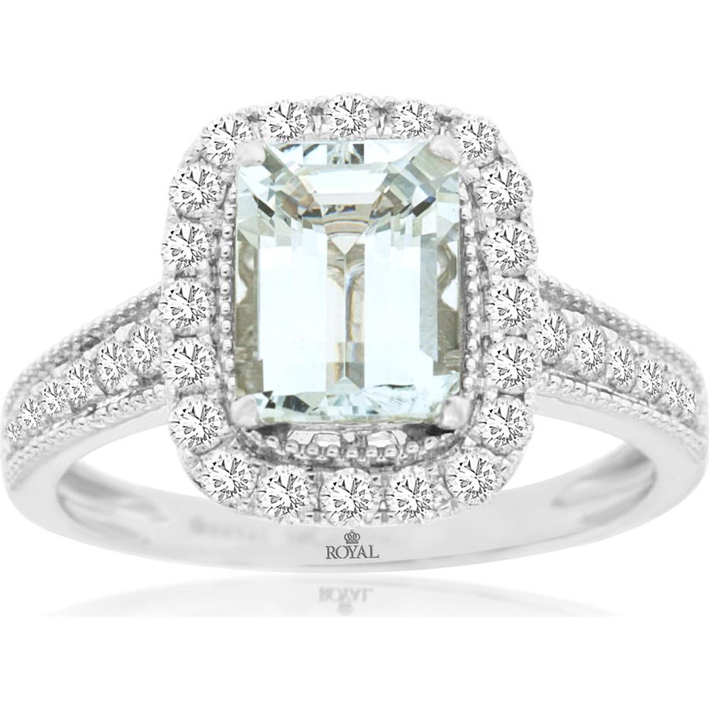 14K White Gold Halo Ring with Emerald Cut Aquamarine and Round Diamonds - 2.52 Carat Total Gem Weight - Royal Jewelry