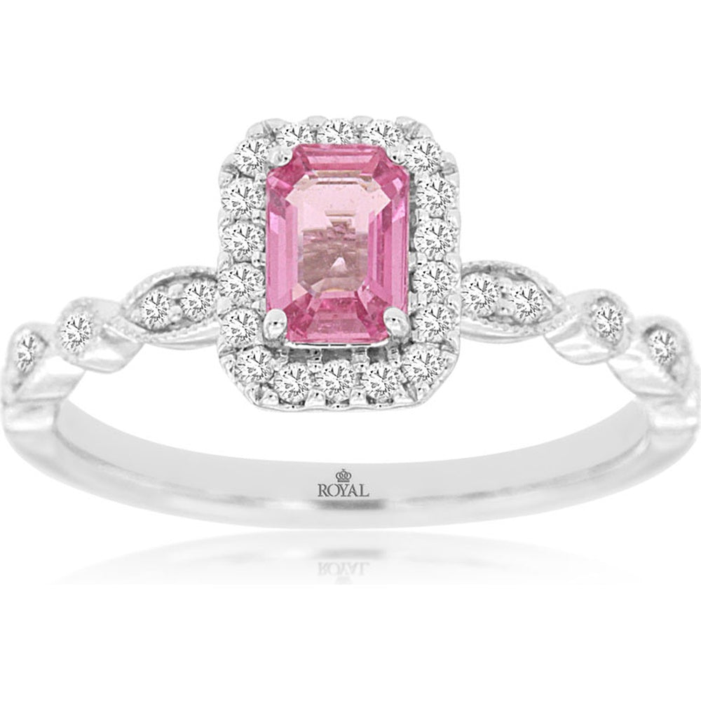 14K White Gold Halo Ring with Emerald-Cut Pink Sapphire and Round Diamonds - 0.70 Carat Pink Sapphire and 0.26 Carat Total Diamond Weight - Royal Jewelry