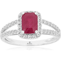 14K White Gold Halo Ring with Emerald Cut Ruby and Split Shank Pave Set Round Diamonds - 1.10 Carat Ruby and 0.45 Carat Total Diamond Weight - Royal Jewelry