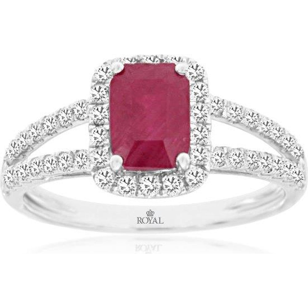 14K White Gold Halo Ring with Emerald Cut Ruby and Split Shank Pave Set Round Diamonds - 1.10 Carat Ruby and 0.45 Carat Total Diamond Weight - Royal Jewelry