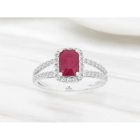14K White Gold Halo Ring with Emerald Cut Ruby and Split Shank Pave Set Round Diamonds - 1.10 Carat Ruby and 0.45 Carat Total Diamond Weight - Royal Jewelry