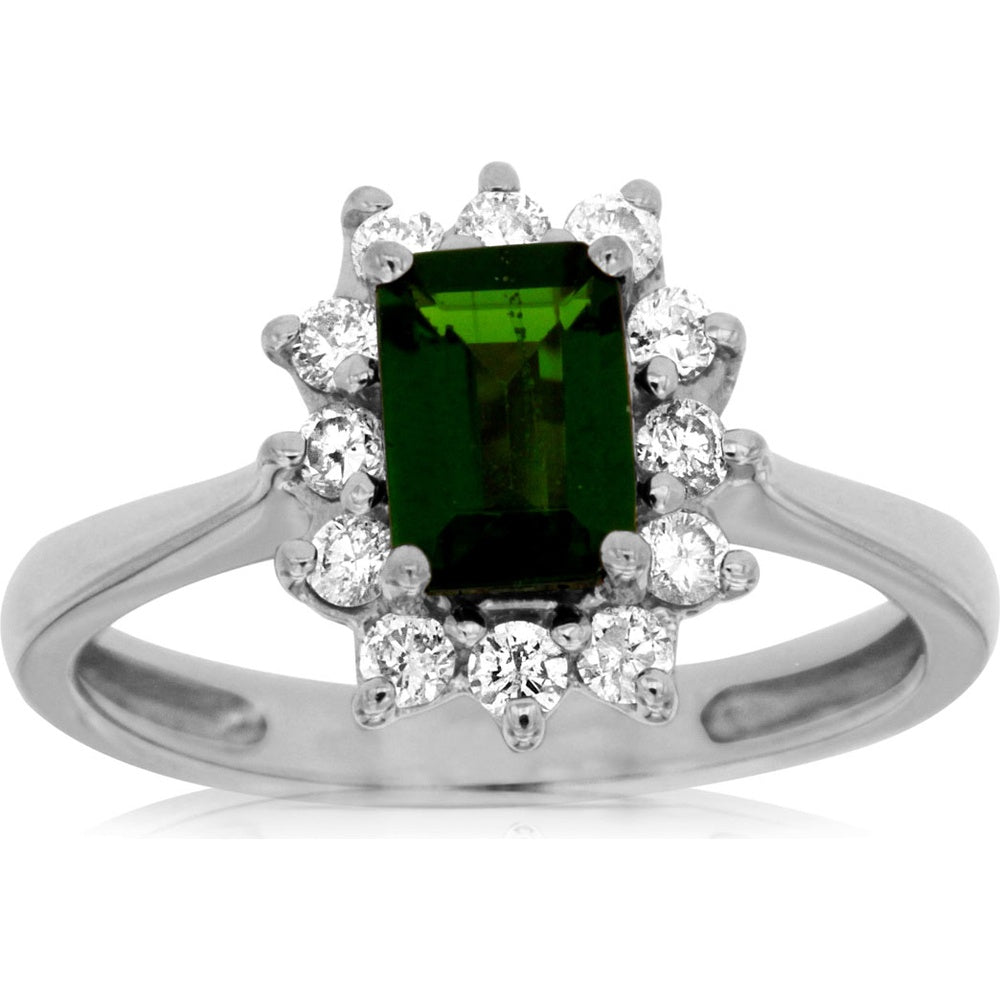 14K White Gold Halo Ring with Emerald-Cut Russalite and Round Diamond Accents - 1.00 Carat Russalite and 0.38 Carat Diamond Total Weight - Royal Jewelry
