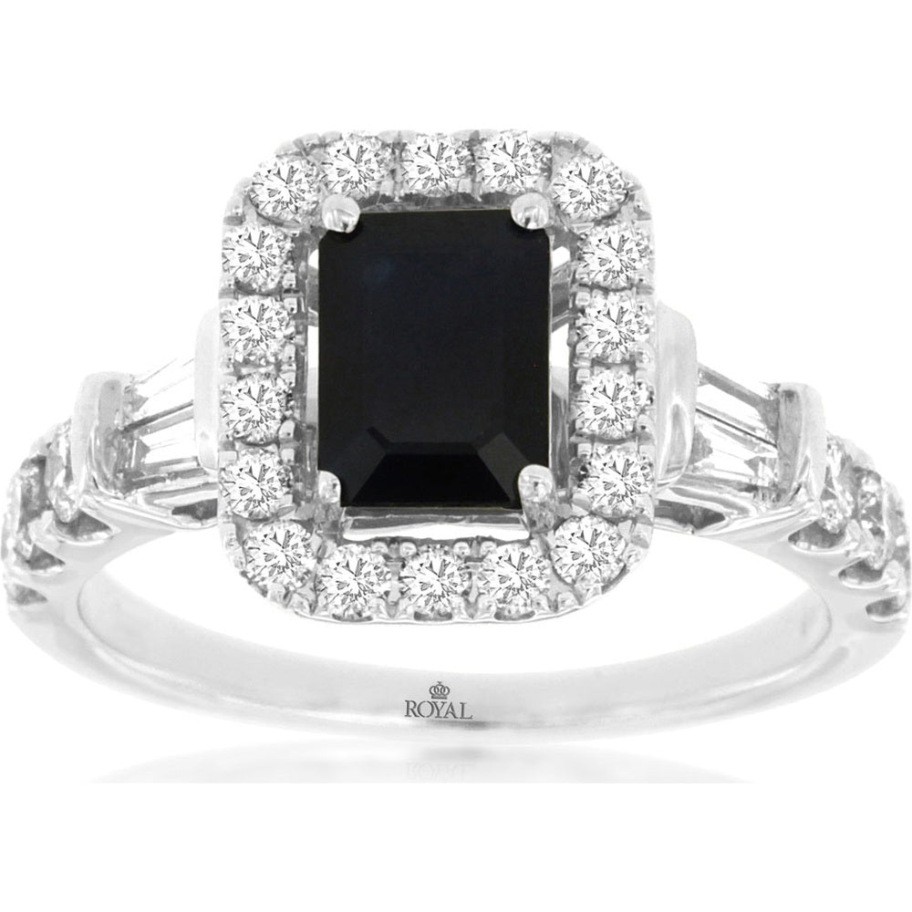 14K White Gold Halo Ring with Emerald Cut Sapphire and Round Brilliant Diamonds - 1.09 Carat Sapphire and 0.88 Carat Total Diamond Weight - Royal Jewelry