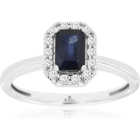 14K White Gold Halo Ring with Emerald-Cut Sapphire and Round Diamonds - 0.70 Carat Sapphire & 0.15 Carat Total Diamond Weight - Royal Jewelry