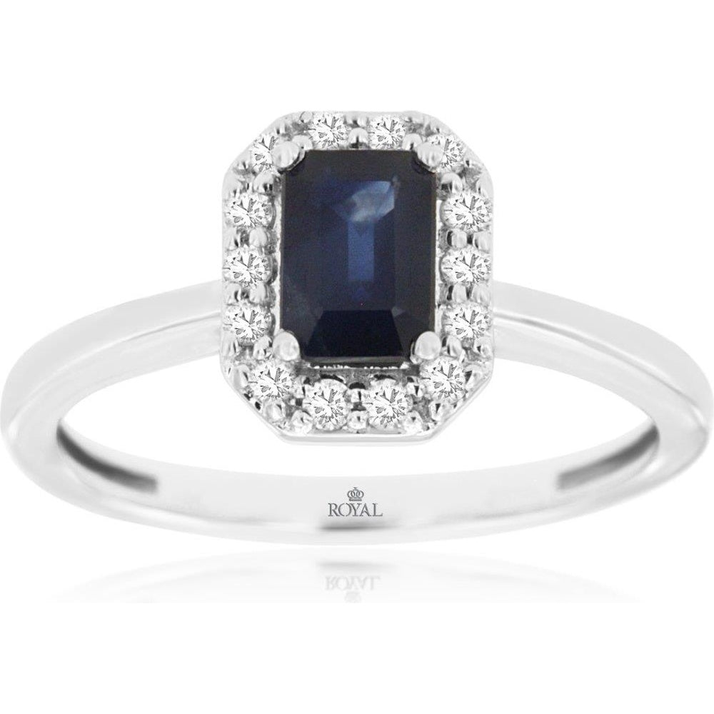 14K White Gold Halo Ring with Emerald-Cut Sapphire and Round Diamonds - 0.70 Carat Sapphire & 0.15 Carat Total Diamond Weight - Royal Jewelry