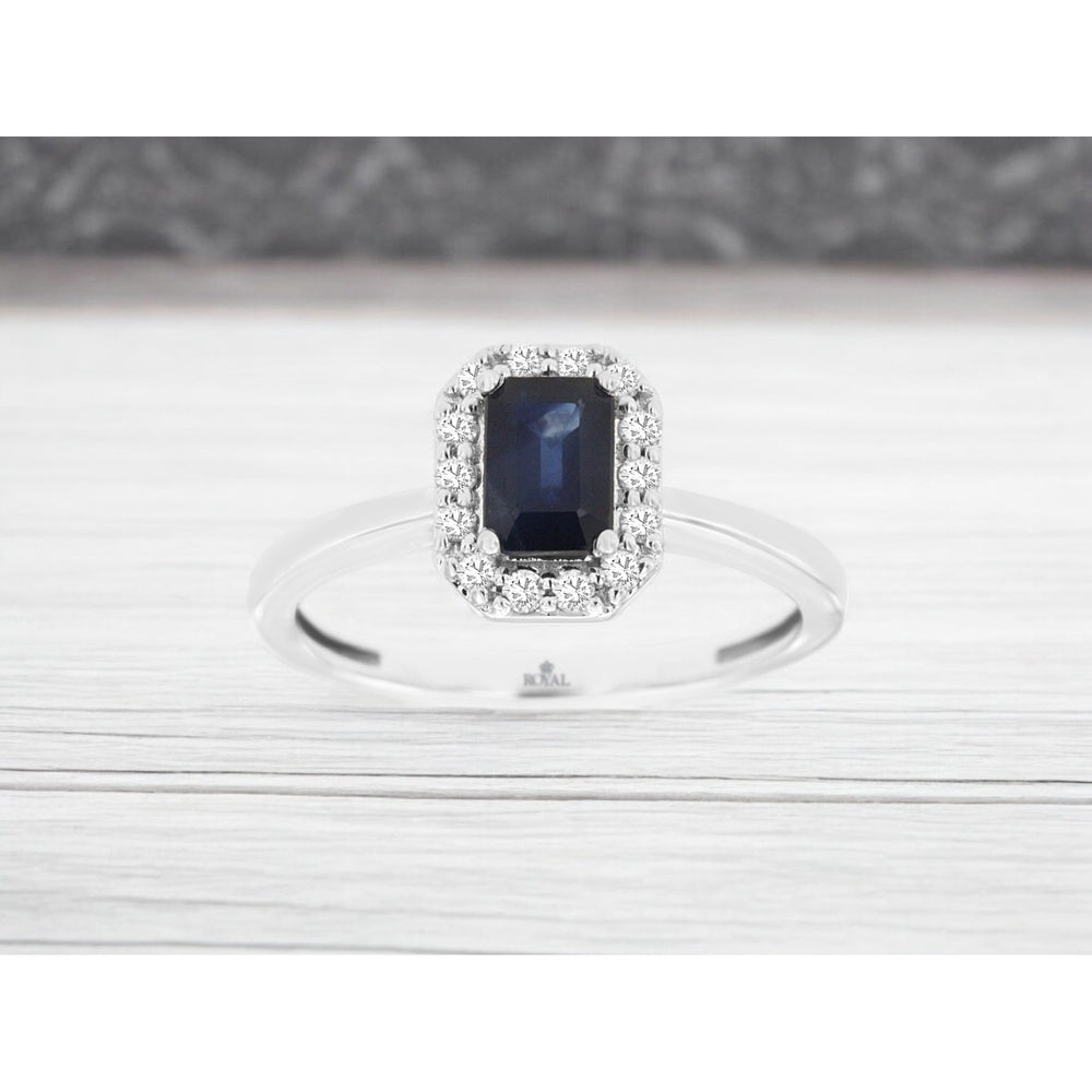 14K White Gold Halo Ring with Emerald-Cut Sapphire and Round Diamonds - 0.70 Carat Sapphire & 0.15 Carat Total Diamond Weight - Royal Jewelry
