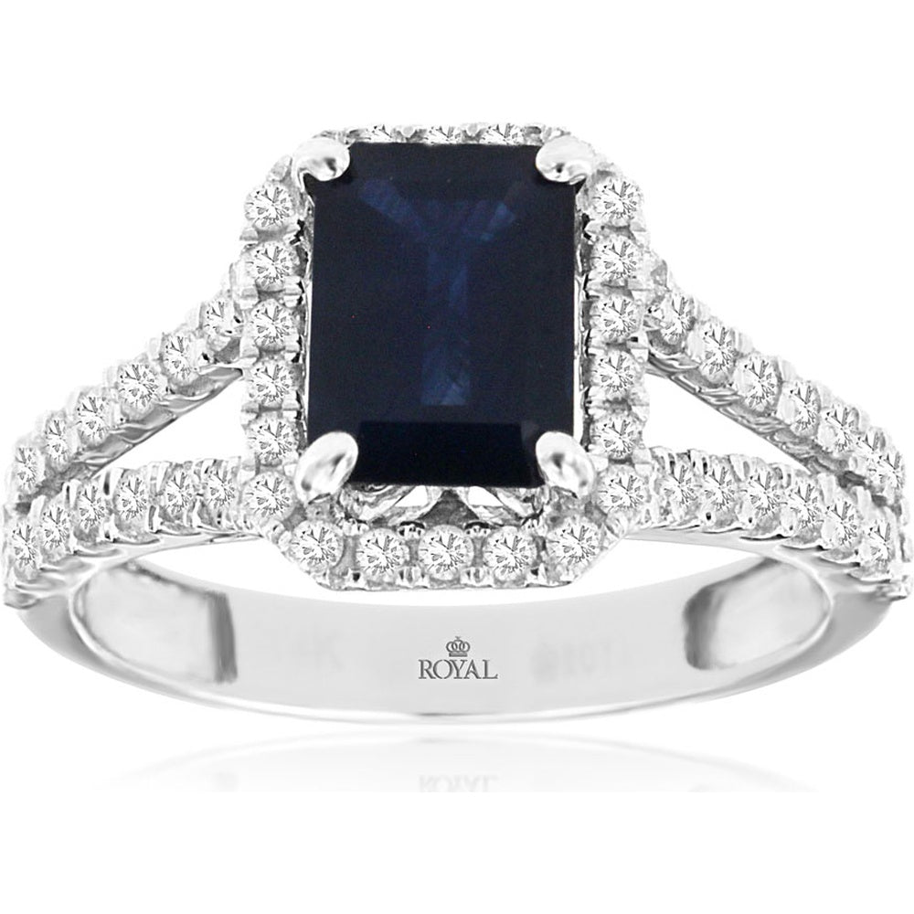 14K White Gold Halo Ring with Emerald-Cut Sapphire and Round Diamonds - 1.85 Carat Sapphire and 0.71 Carat Total Diamond Weight - Royal Jewelry