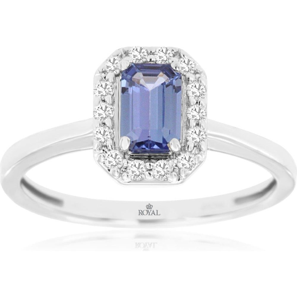14K White Gold Halo Ring with Emerald-Cut Tanzanite and Round Diamonds - 0.60 Carat Tanzanite and 0.15 Carat Total Diamond Weight - Royal Jewelry