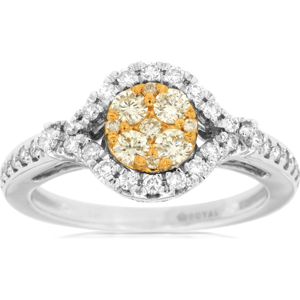 14K White Gold Halo Ring with Floral Cluster of 0.30 Carat Yellow Diamonds and Pavé-Set 0.35 Carat White Diamond Accents - Royal Jewelry