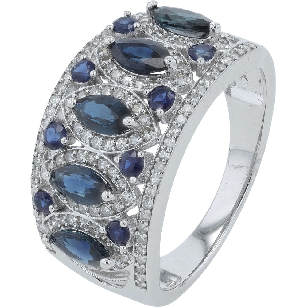 14K White Gold Halo Ring with Marquise and Round Sapphires and Diamond Accents - 1.75 Carat Total Sapphire Weight and 0.50 Carat Total Diamond Weight