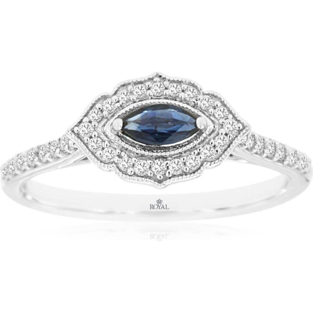 14K White Gold Halo Ring with Marquise Cut Sapphire and Round Diamonds - 0.19 Carat Sapphire and 0.20 Carat Total Diamond Weight - Royal Jewelry